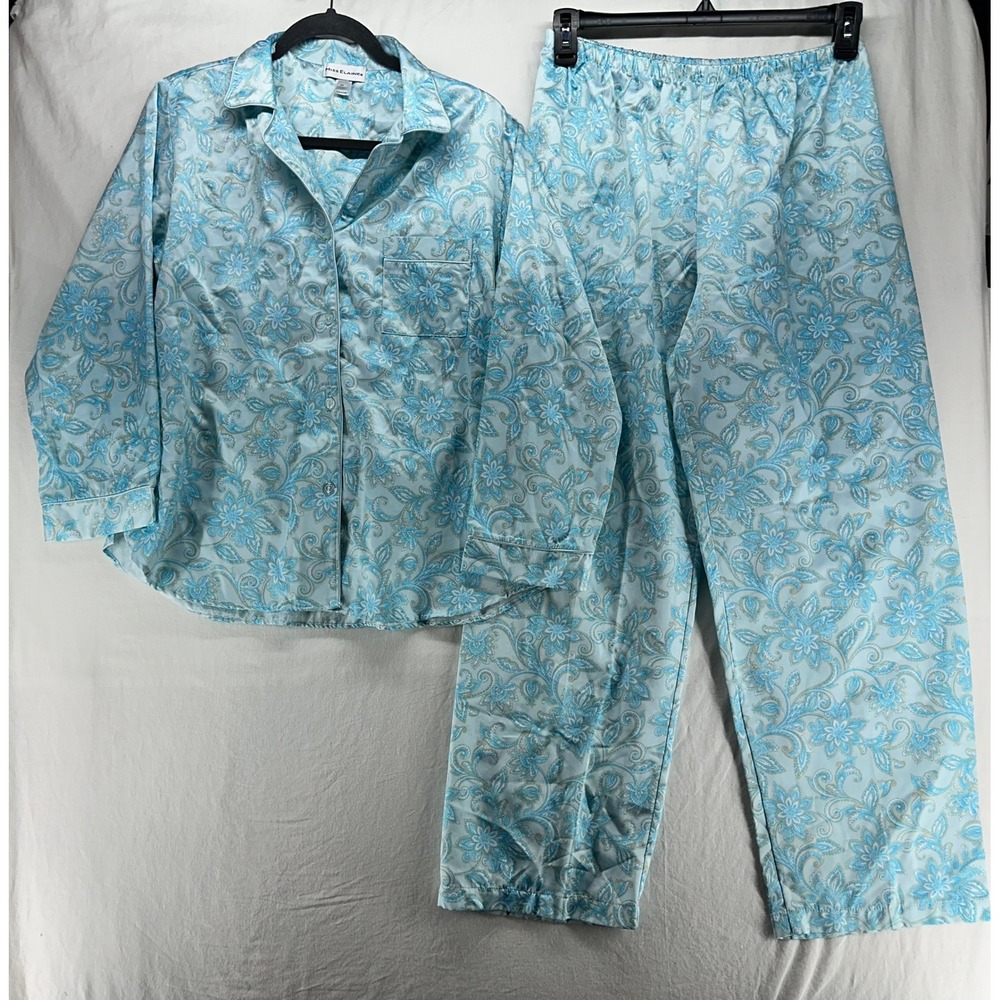 Miss Elaine Womens Blue Floral Paisley Satin Pajama Set Size M Button Front